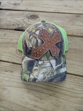 Camo Trucker Hat with Leather Cross Patch